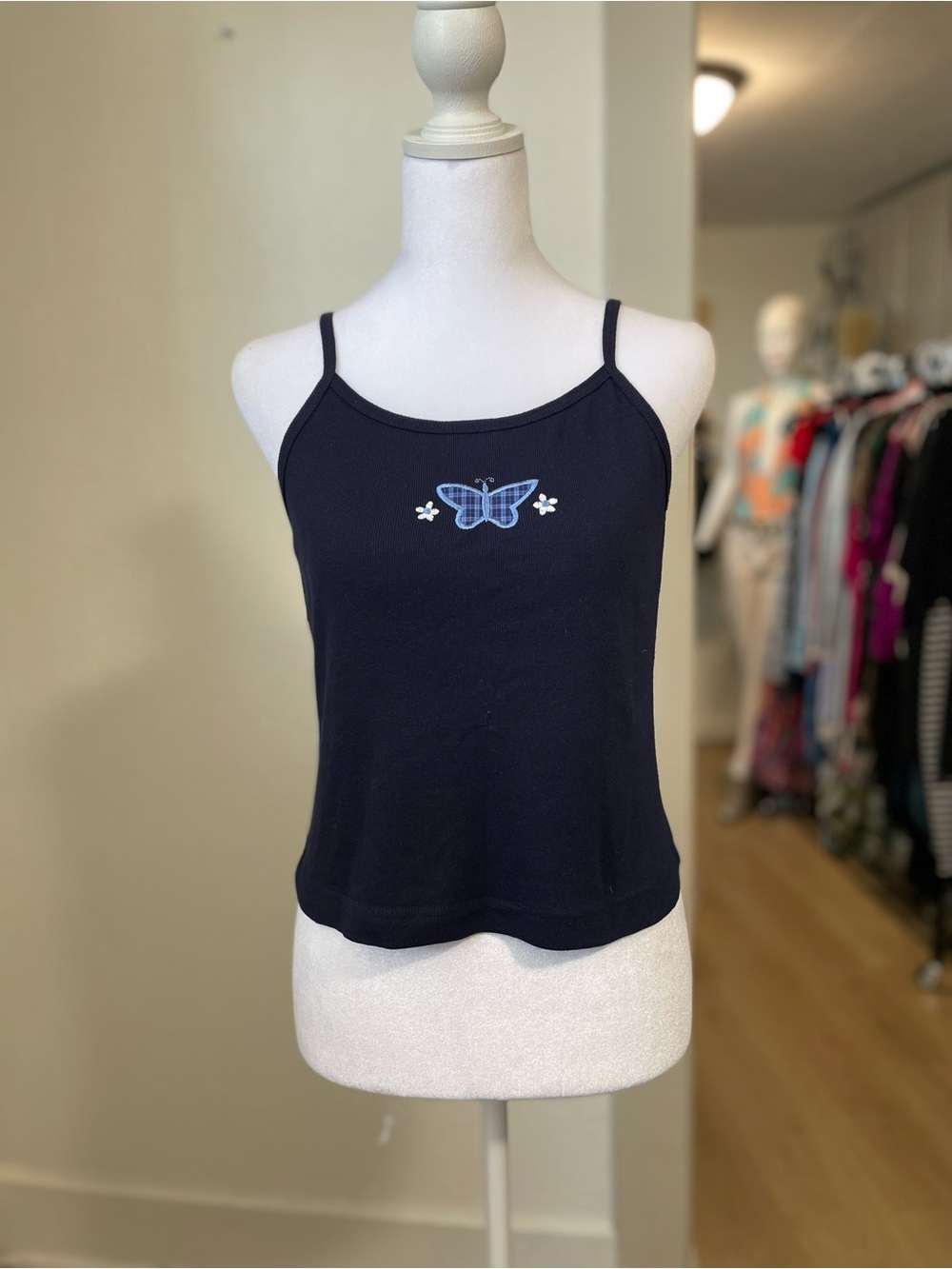 Navy Blue Butterfly Embroidered Spaghetti Strap Tank Top